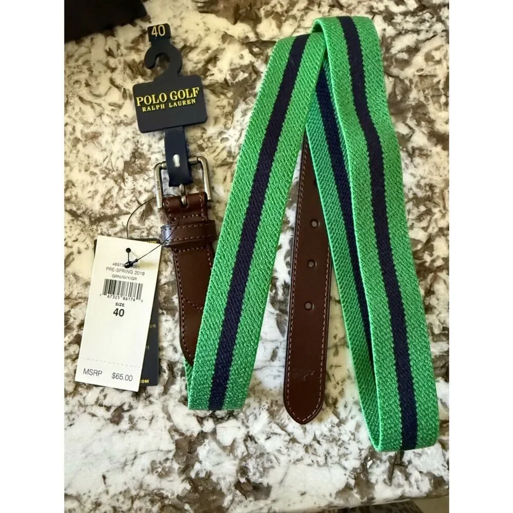 Polo Ralph Lauren Polo Golf Men’s Belt Green Navy Stripe Elastic Leather 40 NWT